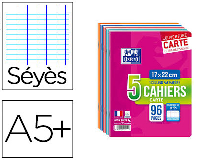 Cahier agrafé oxford a5+ 17x22cm 96 pages 90g séyès lot 5 unités carton 20 lots