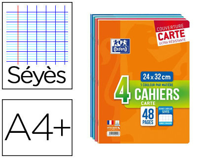 Cahier agrafé oxford a4+ 24x32cm 48 pages 90g séyès lot 4 unités