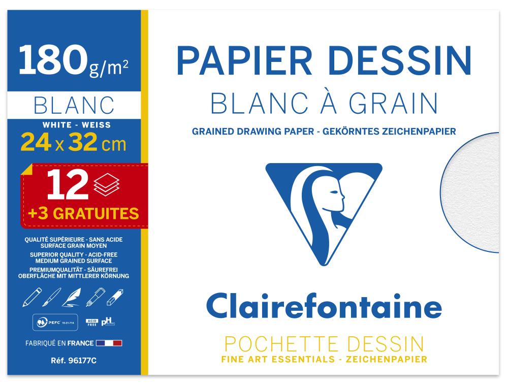 Papier dessin clairefontaine à grain 180g 24x32cm pochette de 15u lot 30 pochettes