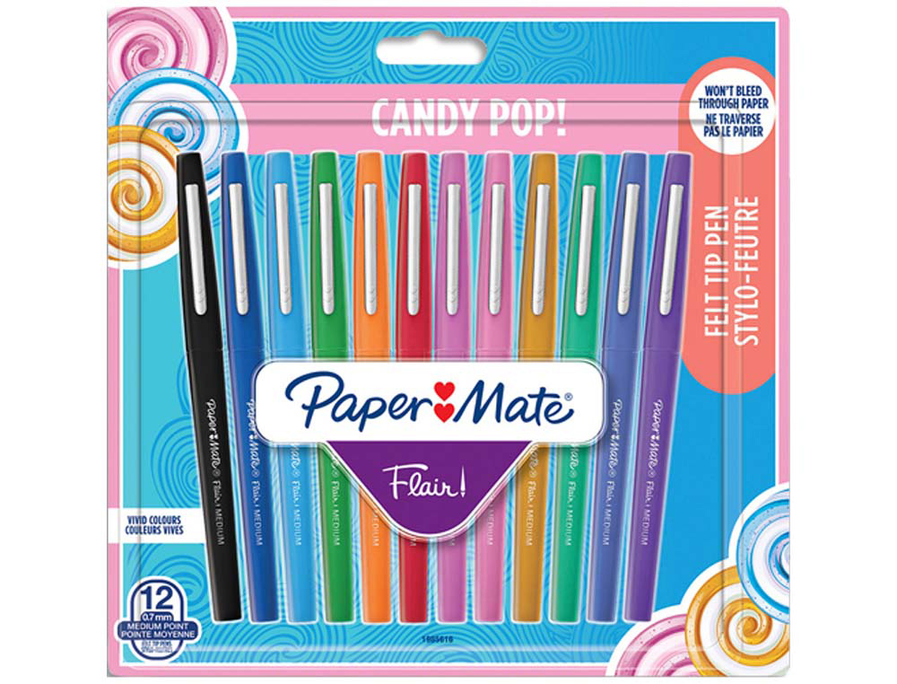Stylo-feutre paper mate flair original pointe moyenne 1mm longue durée de vie candy pop - 12 pochettes de 12 feutres