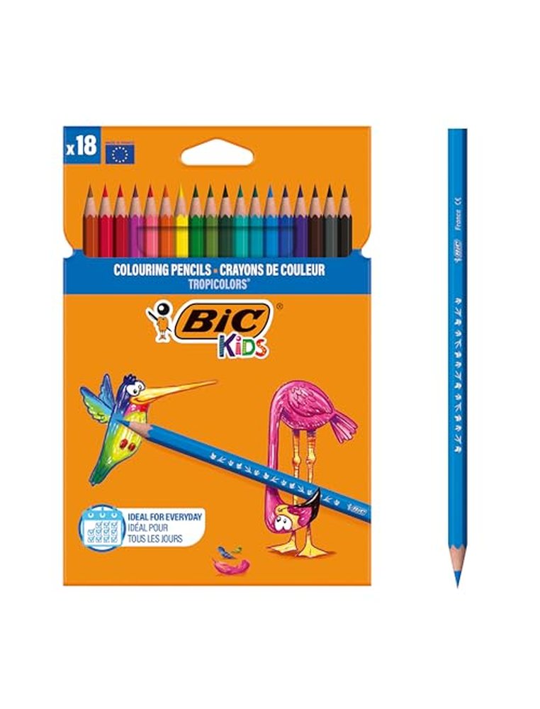 Crayon couleur bic kids tropicolors 2 175mm mine résistante pigmentée large palette coloris vifs étui carton 18 unités