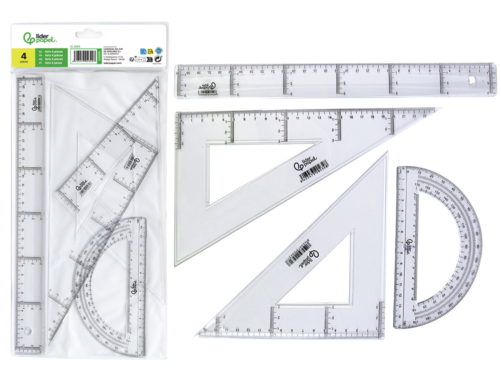 Set traçage liderpapel 4 pièces règle 30cm équerres 45/60 degrés 25cm rapporteur 180 degrés 15cm transparent