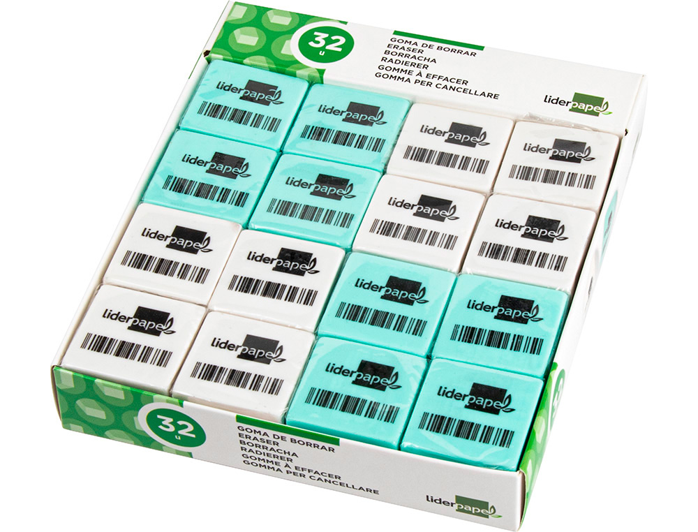 Gomme liderpapel 12x29x29mm carrée mie de pain caoutchouc efface crayons graphite coloris blanc ou bleu