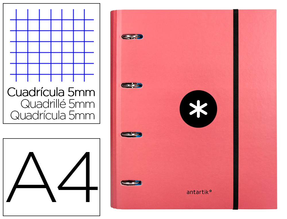 Classeur antartik 4 anneaux ronds 40mm a4 carton rembordé feuillets mobiles q5x5 coloriscorail