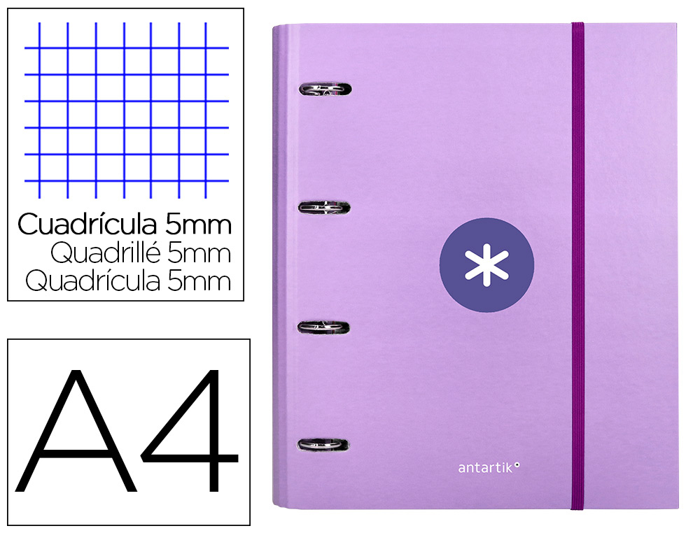 Classeur antartik 4 anneaux ronds 40mm a4 carton rembordé feuillets mobiles q5x5 colorislavande