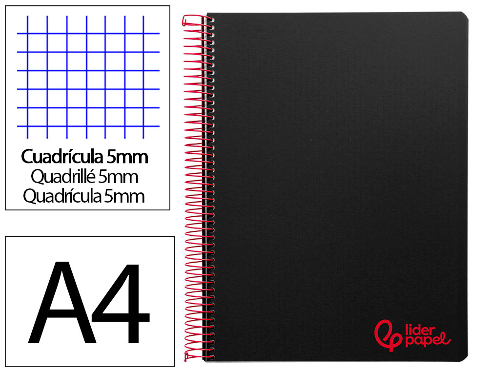 Cahier spirale liderpapel a4 micro wonder 240 pages 90g    5x5mm 4 trous 5 bandes        couleurs noir
