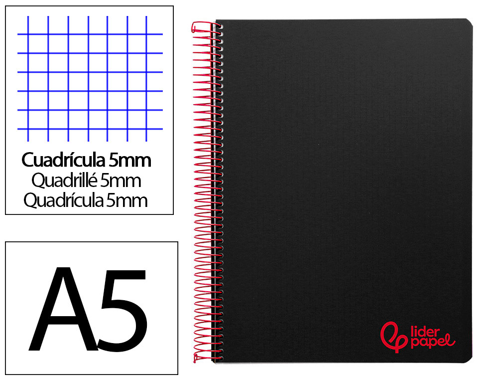 Cahier spirale liderpapel a5 micro wonder 240 pages 90g    5x5mm 6 trous 5 bandes        couleurs noir