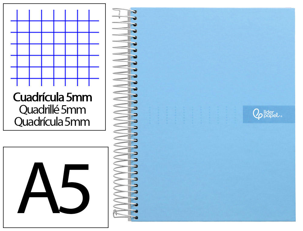 Cahier spirale liderpapel crafty couverture contrecollée a5 240p 90g/m2 5x5mm microperforé 6 trous coloris bleu ciel