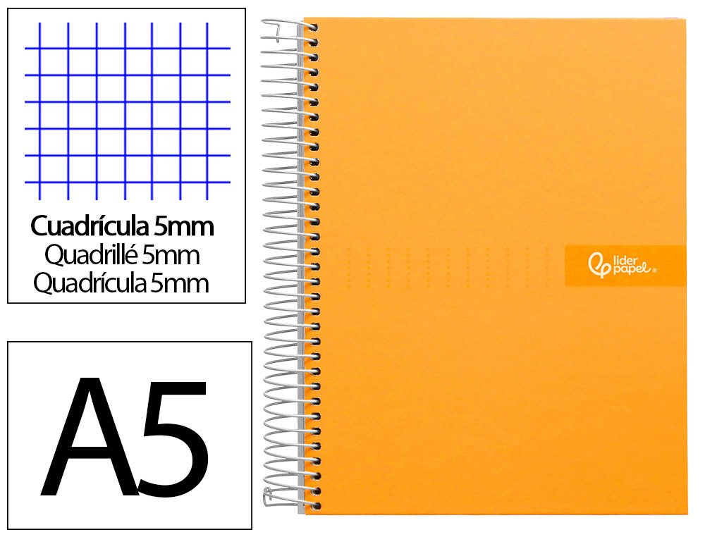 Cahier spirale liderpapel crafty couverture contrecollée a5 240p 90g/m2 5x5mm microperforé6 trous coloris orange