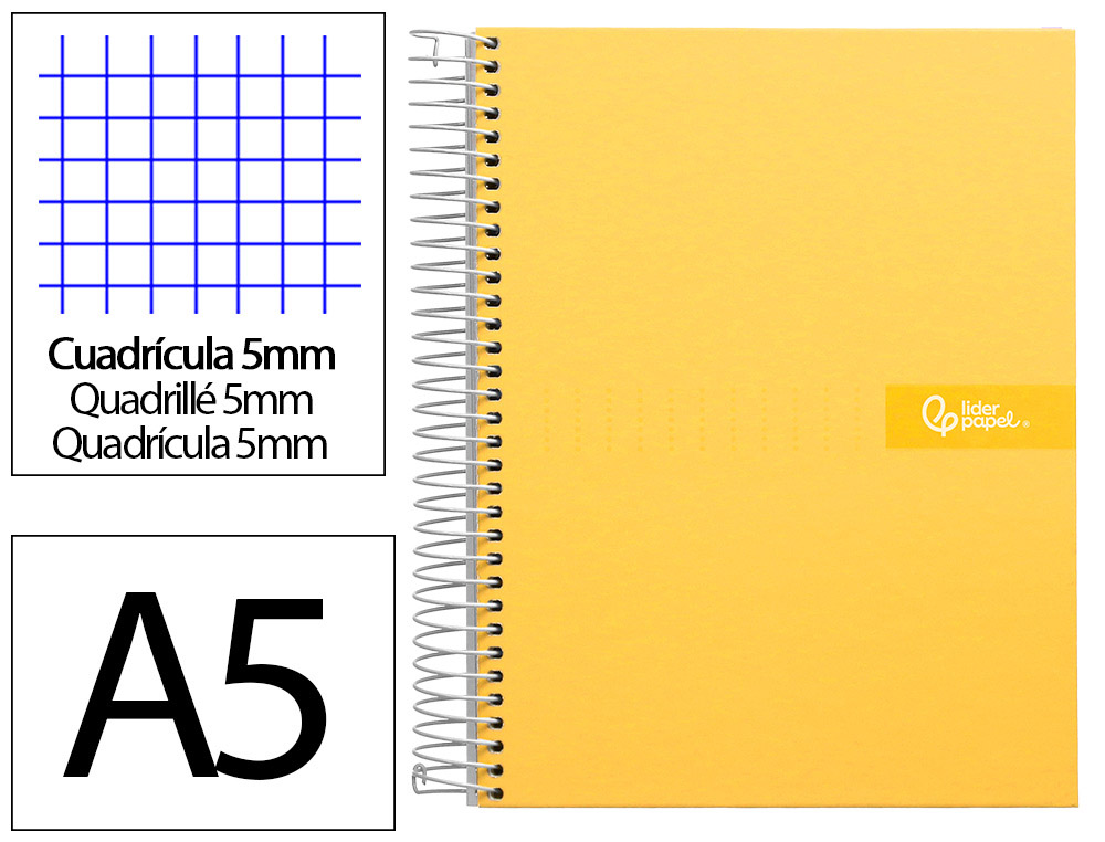 Cahier spirale liderpapel crafty couverture contrecollée a5 240p 90g/m2 5x5mm microperforé 6 trous coloris jaune