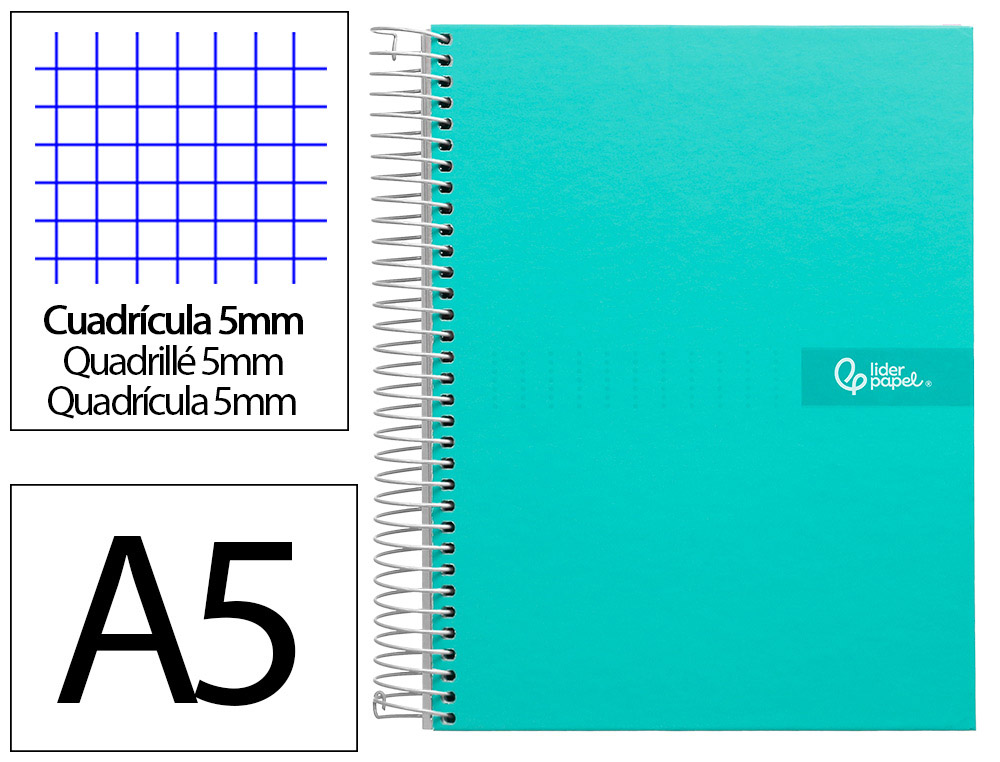 Cahier spirale liderpapel crafty couverture contrecollée a5 240p 90g/m2 5x5mm microperforé 6 trous coloris turquoise