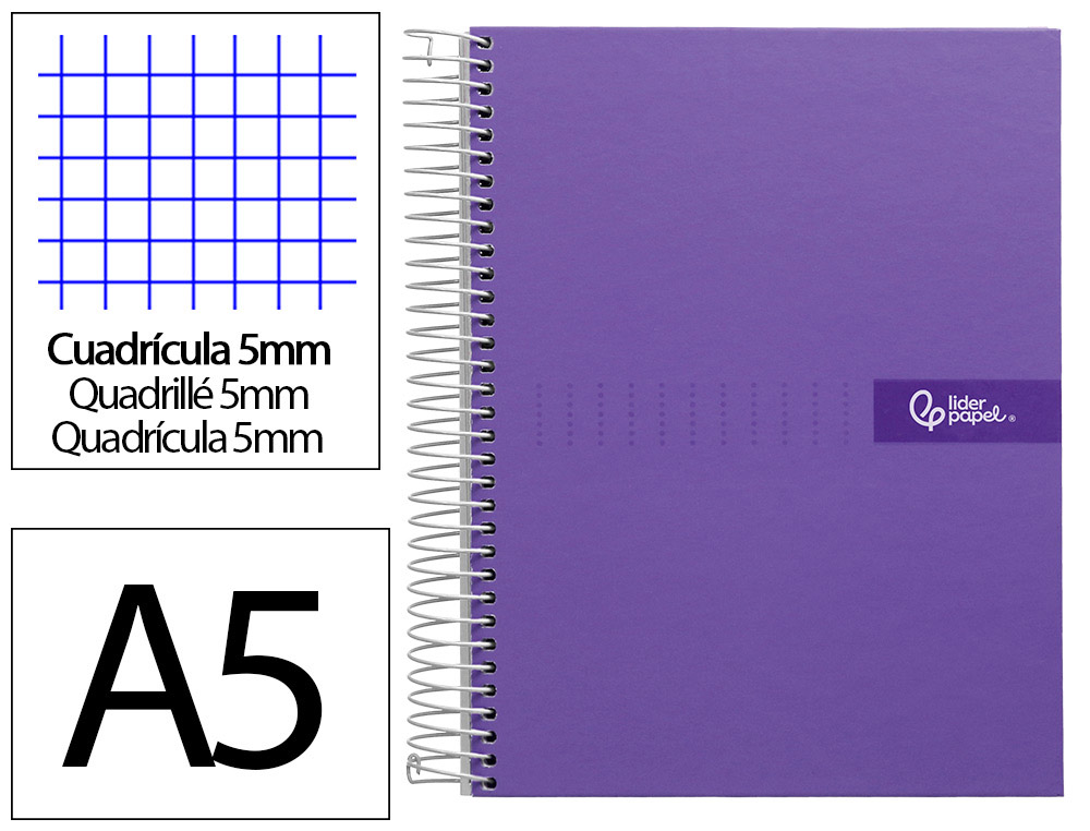 Cahier spirale liderpapel crafty couverture contrecollée a5 240p 90g/m2 5x5mm microperforé 6 trous coloris violet
