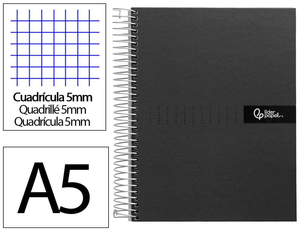 Cahier spirale liderpapel crafty couverture contrecollée a5 240p 90g/m2 5x5mm microperforé 6 trous coloris noir
