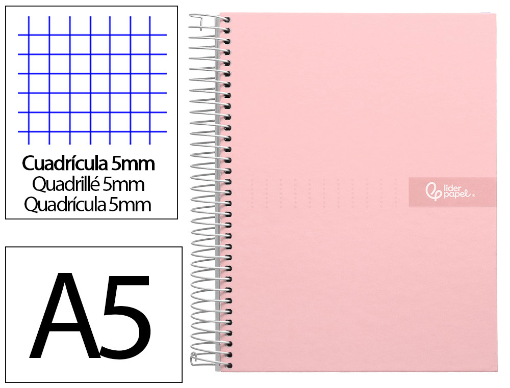Cahier spirale liderpapel crafty couverture contrecollée a5 240p 90g/m2 5x5mm microperforé 6 trous coloris rose