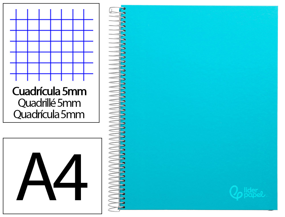 Cahier spirale liderpapel jolly couverture contrecollée a4 280p 75g/m2 5x5mm microperforé 4 trous coloris bleu ciel