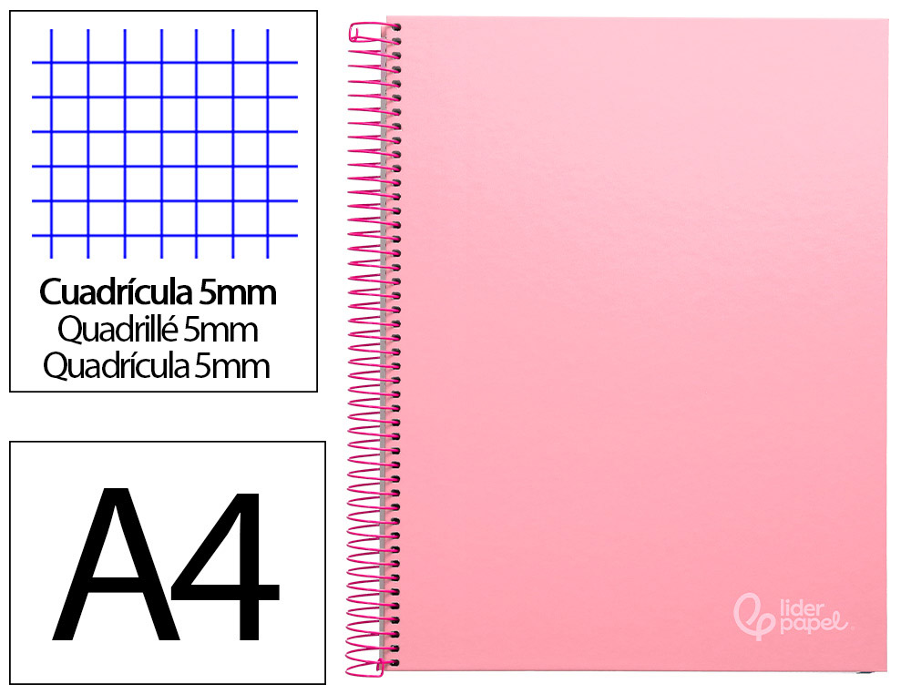 Cahier spirale liderpape jollycouverture contrecollée a4 280p 75g/m2 5x5mm microperforé 4 trous coloris rose