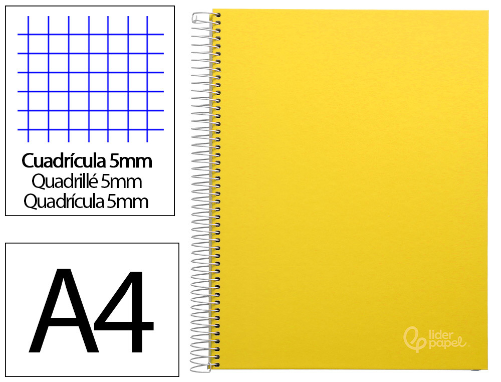 Cahier spirale liderpape jollycouverture contrecollée a4 280p 75g/m2 5x5mm microperforé 4 trous coloris jaune