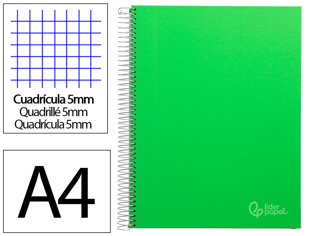 Cahier spirale liderpapel jolly couverture contrecollée a4 280p 75g/m2 5x5mm microperforé 4 trous coloris vert