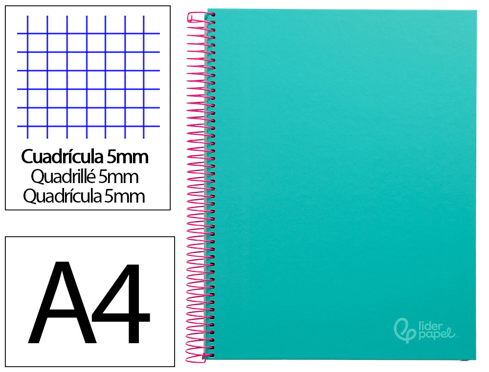 Cahier spirale liderpapel jolly couverture contrecollée a4 280p 75g/m2 5x5mm microperforé 4 trous coloris turquoise