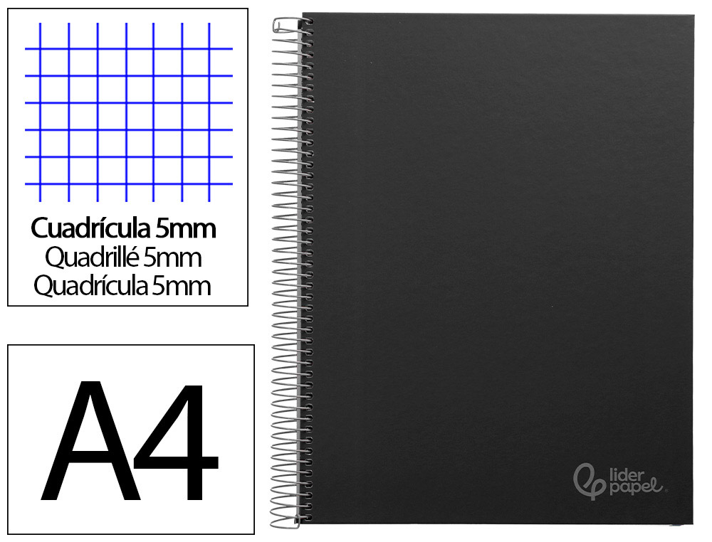 Cahier spirale liderpapel jolly couverture contrecollée a4 280p 75g/m2 5x5mm microperforé 4 trous coloris noir
