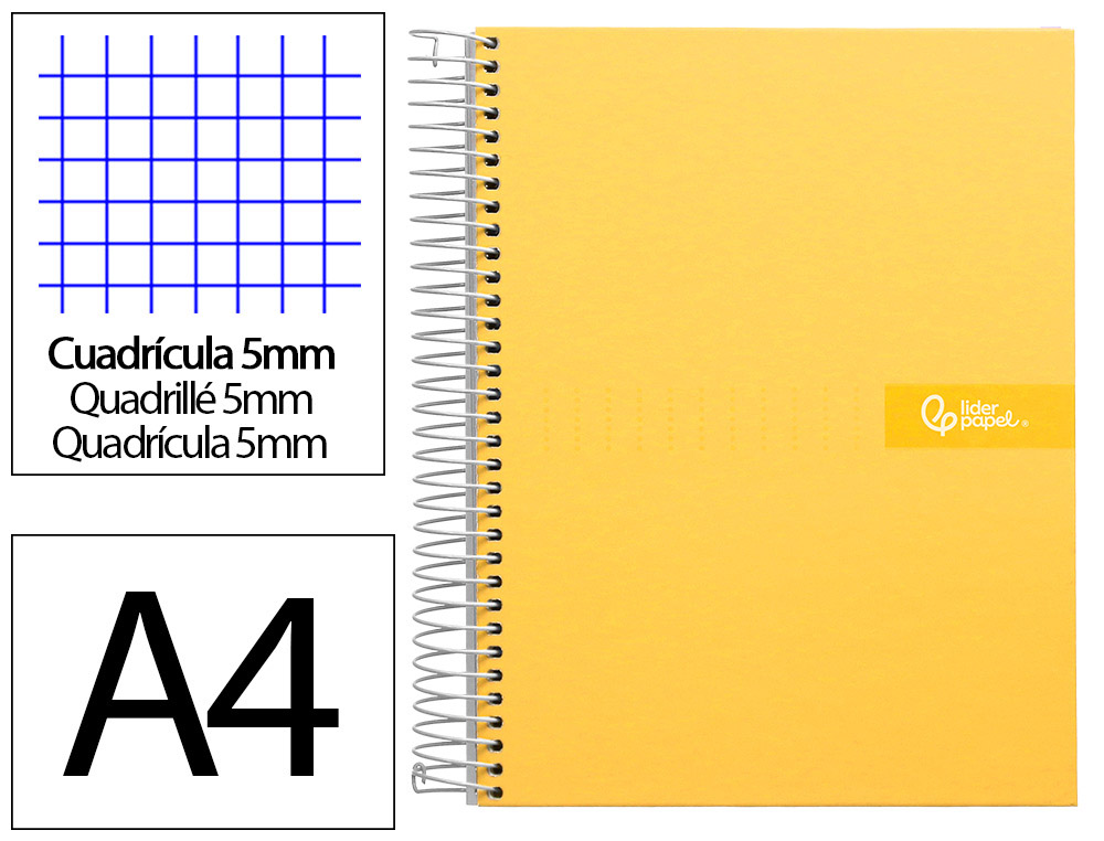 Cahier spirale liderpapel crafty couverture contrecollée a4 240p 90g/m2 5x5mm microperforé 4 trous coloris jaune