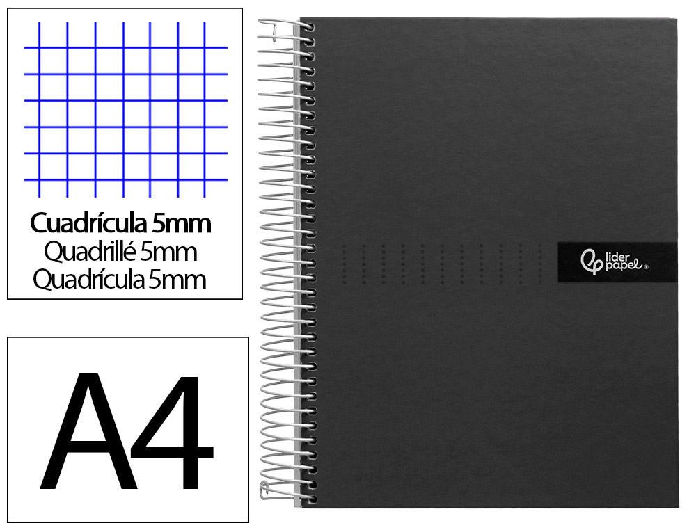 Cahier spirale liderpapel crafty couverture contrecollée a4 240p 90g/m2 5x5mm microperforé4 trous coloris noir