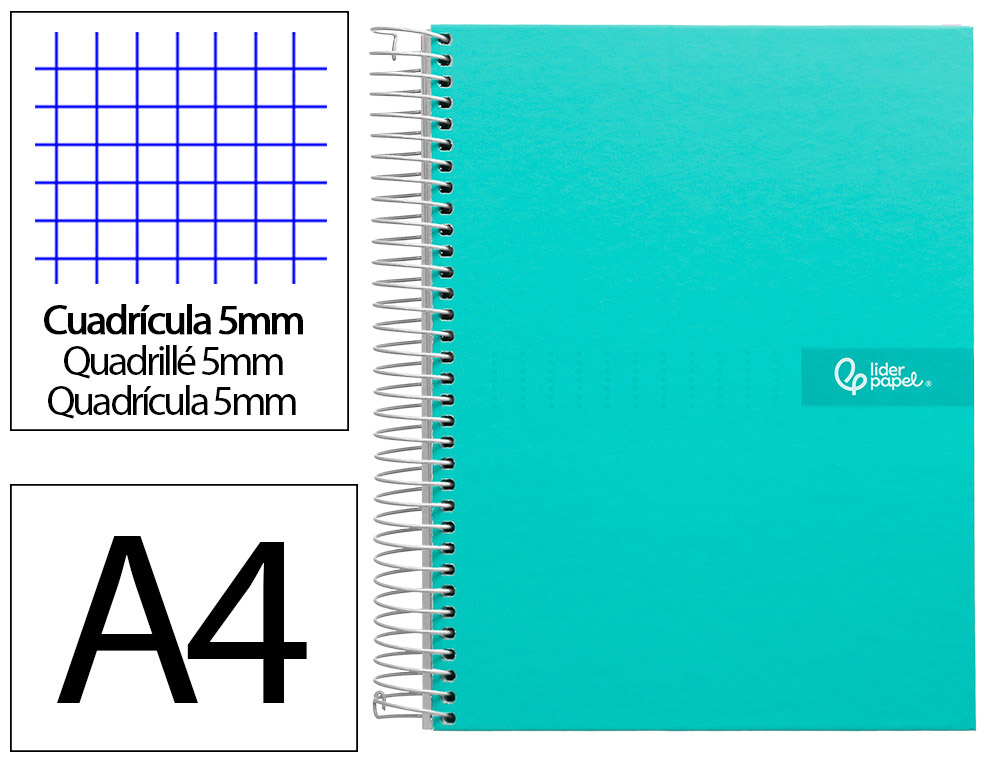 Cahier spirale liderpapel crafty couverture contrecollée a4 240p 90g/m2 5x5mm microperforé 4 trous coloris turquoise