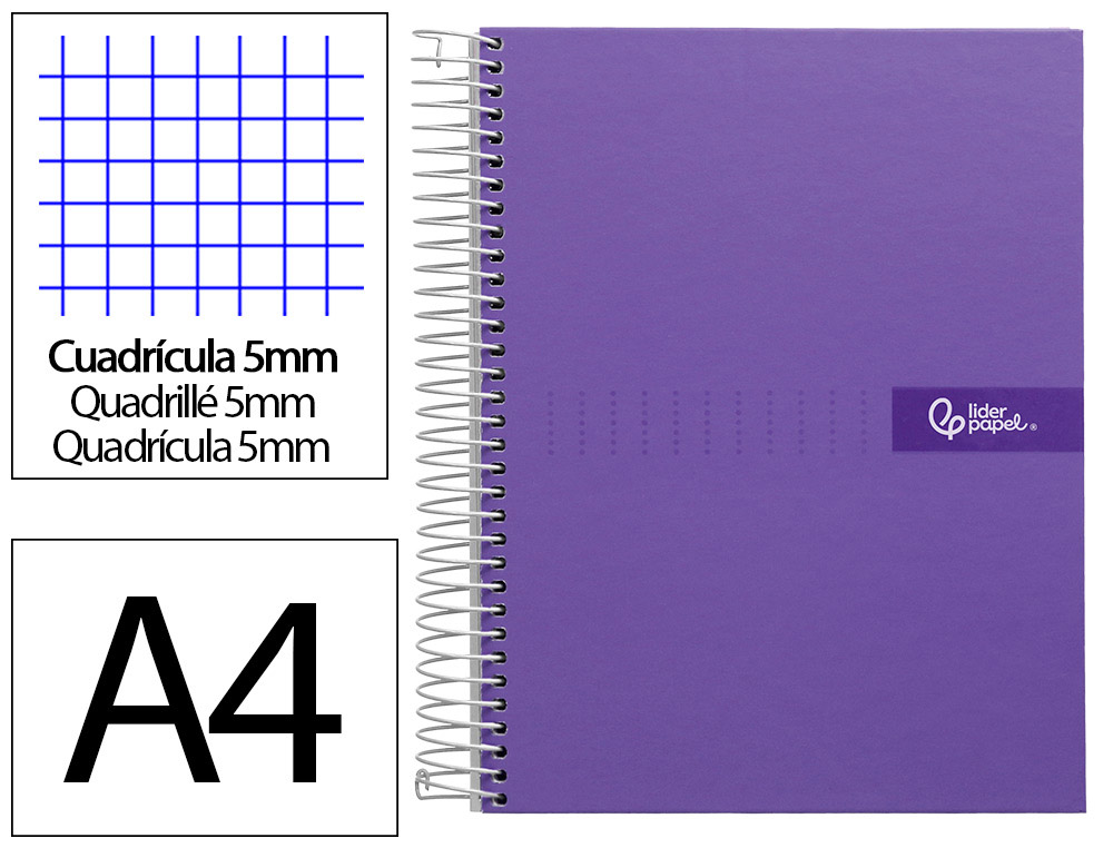 Cahier spirale liderpapel crafty couverture contrecollée a4 240p 90g/m2 5x5mm mnicroperforé 4 trous coloris violet