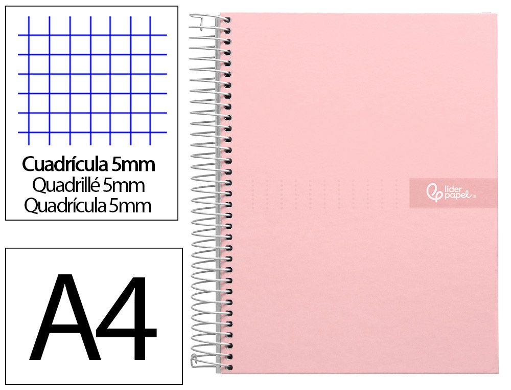 Cahier spirale liderpapel crafty couverture contrecollée a4 240p 90g/m2 5x5mm microperforé 4 trous coloris rose