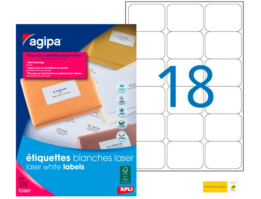 Étiquette adhésive apli agipa imprimante laser copieur 63.5x46.6mm coins arrondis boîte 1800 unités
