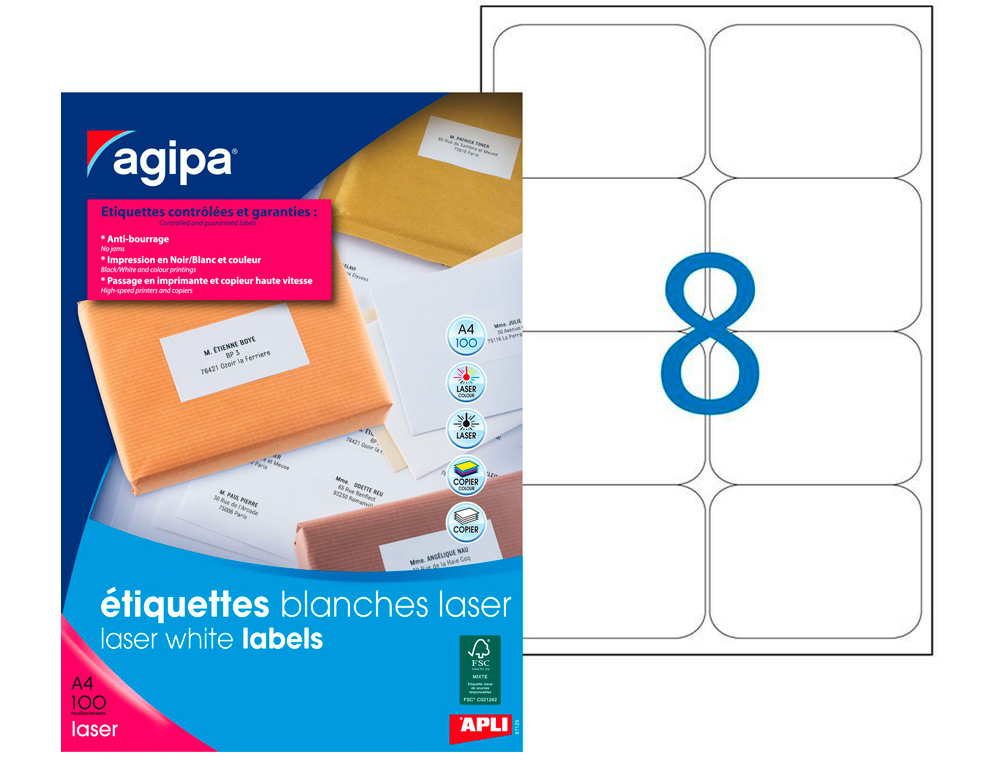 Étiquette adhésive apli agipa imprimante laser copieur 99.1x67.7mm coins arrondis boîte 800 unités