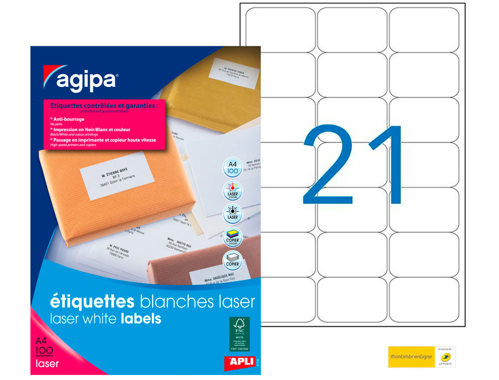 Étiquette adhésive apli agipa imprimante laser copieur 63.5x38.1mm coins arrondis boîte 2100 unités