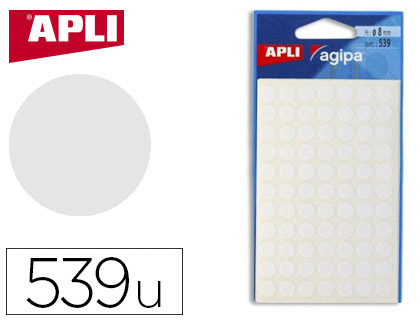 Pastille adhésive apli agipa diamètre 8mm permanente coloris blanc pochette 539 unités