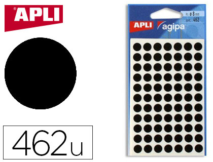 Pastille adhésive apli agipa diamètre 8mm permanente coloris noir pochette 462 unités