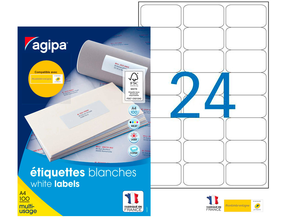 Étiquette adhésive apli agipa multi-usage 63.5x33.9mm toute imprimante boîte 2400 unités