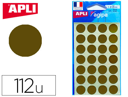 Pastille adhésive apli agipa diamètre 15mm permanente coloris or pochette 112 unités