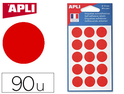 Pastille adhésive apli agipa diamètre 19mm permanente coloris rouge pochette 90 unités