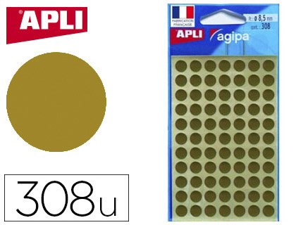 Pastille adhésive apli agipa diamètre 8mm permanente coloris or pochette 308 unités