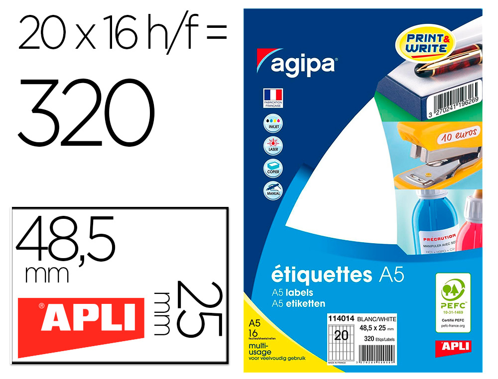 Étiquette adhésive apli agipa 48.5x25mm multiusage étui a5  320u