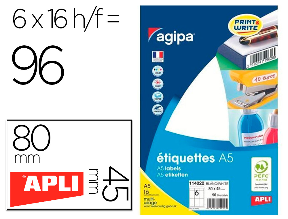 Étiquette adhésive apli agipa 80x45mm multiusage étui a5    96u