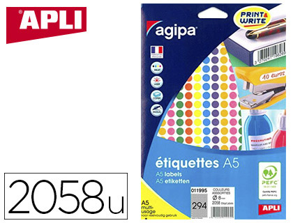 Pastille adhésive apli agipa diamètre 8mm permanente coloris assortis pochette 2058 unités