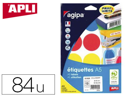 Pastille adhésive apli agipa diamètre 45mm coloris assortis pochette 84 unités