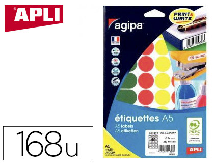 Pastille adhésive apli agipa diamètre 30mm coloris assortis pochette 168 unités