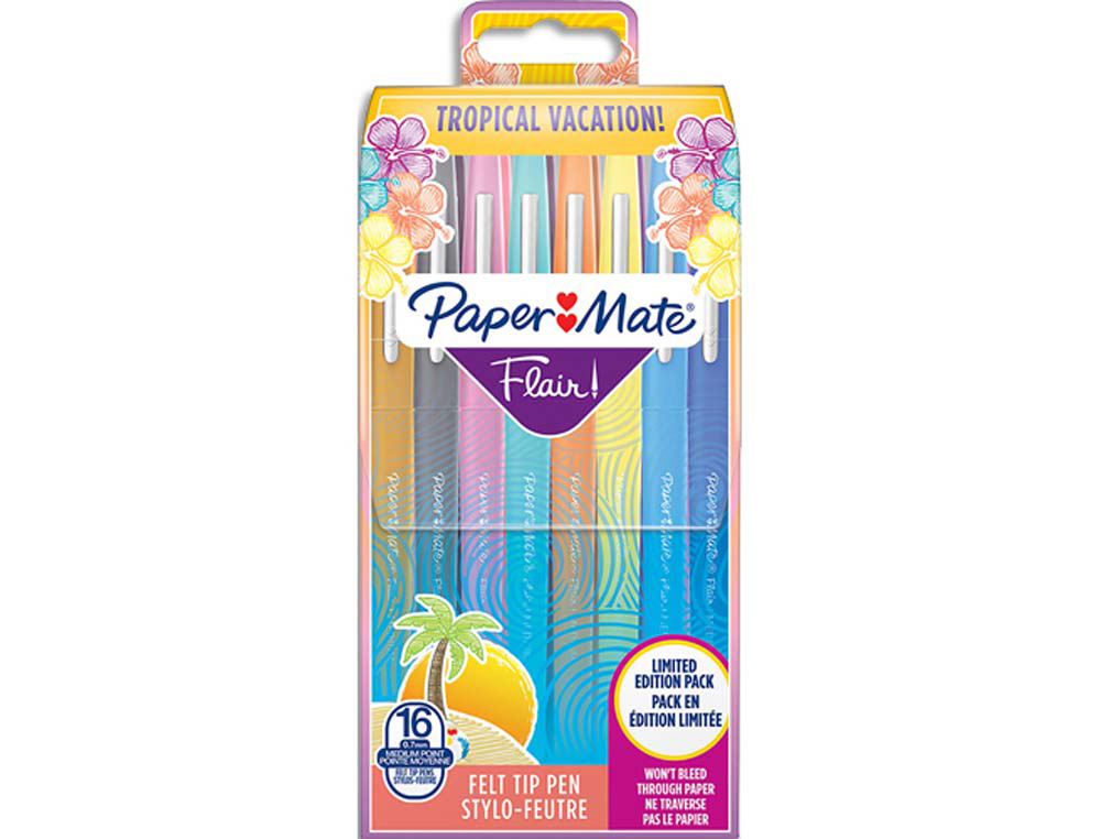 Stylo-feutre paper mate flair tropical pointe moyenne 1mm longue durée de vie pochette 16 coloris assortis