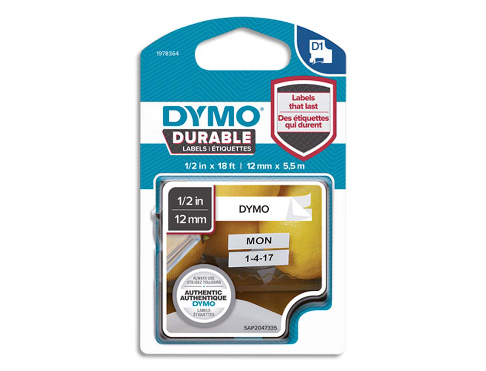 Ruban dymo d1 polyester adhésif permanent 12mmx5.5m noir/blanc