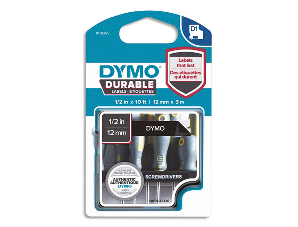 Ruban dymo d1 polyester adhésif permanent 12mmx3m blanc/noir
