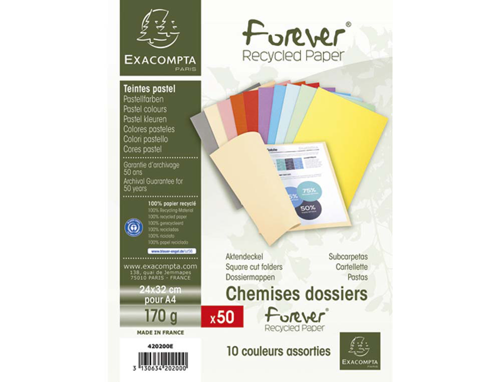 Chemise exacompta forever carte semi rigide recyclée 240x320mm 180g coloris assortis lot 50 unités