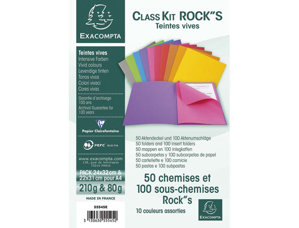Chemise exacompta rock carte souple 240x320mm 210g et 100 sous-chemises 220x310mm 80g coloris assortis lot 50+100 unités