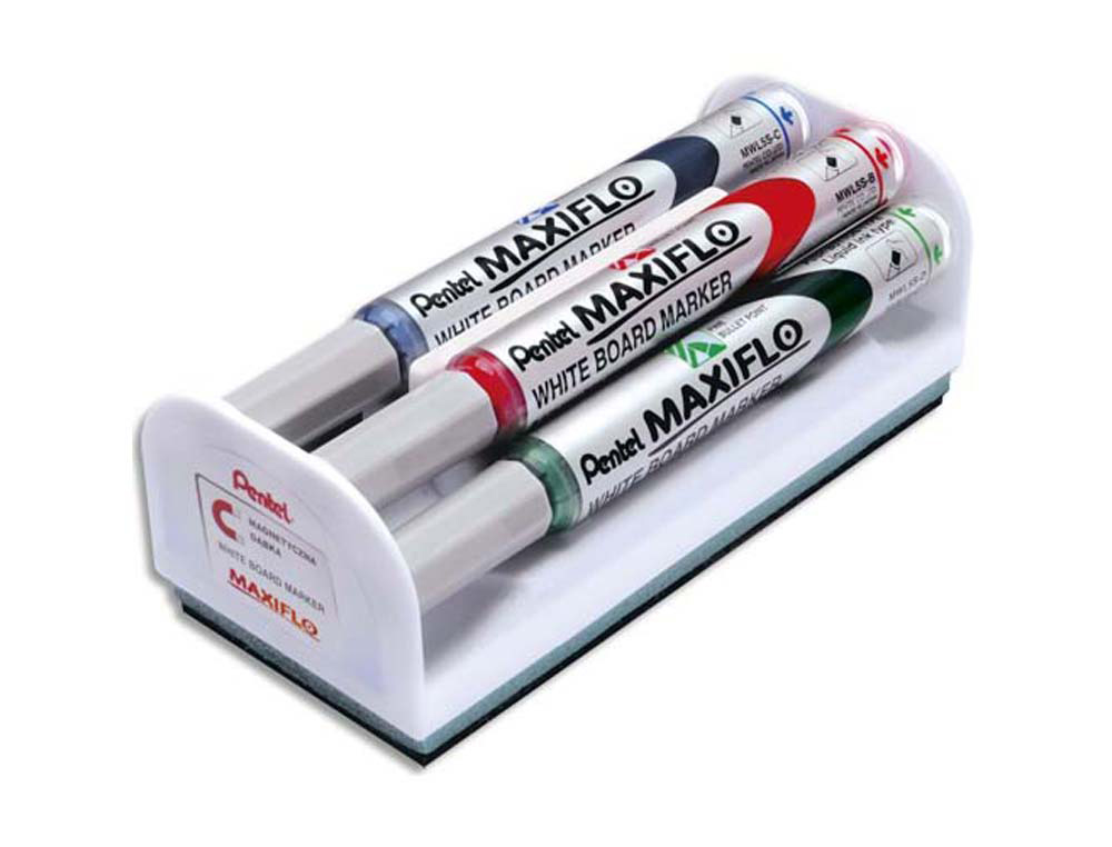 Brosse magnétique pentel pointe moyenne tracé 1.6mm inclus 4 marqueurs maxiflo coloris assortis noir bleu rouge vert