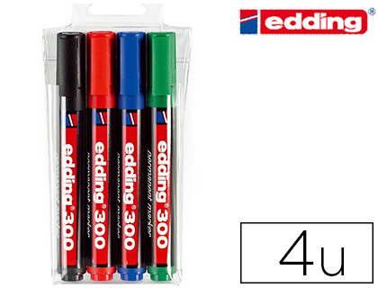 Marqueur edding permanent e300 pointe ogive tracé 1.5/3mm corps plastique pochette 4 unités assorties